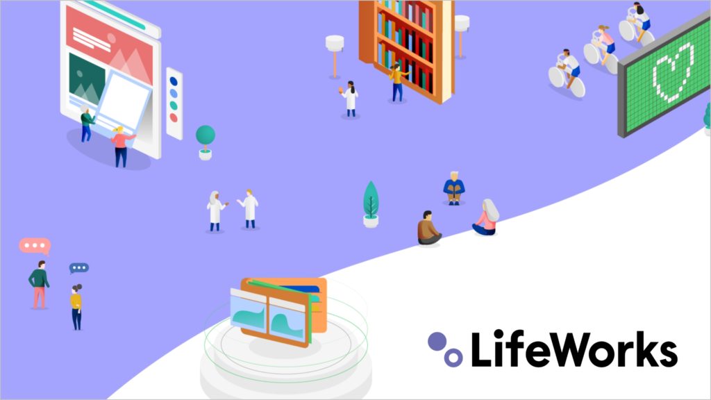 Illustration of people on a white and purple background with the LifeWorks logo
