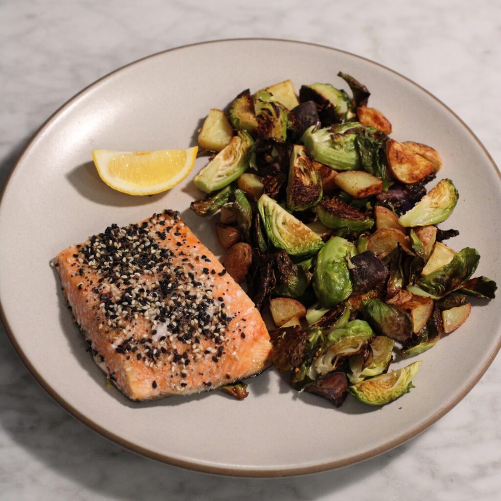 Everything Bagel-Spiced Sheet Pan Salmon with Brussel Sprouts and Potatoes