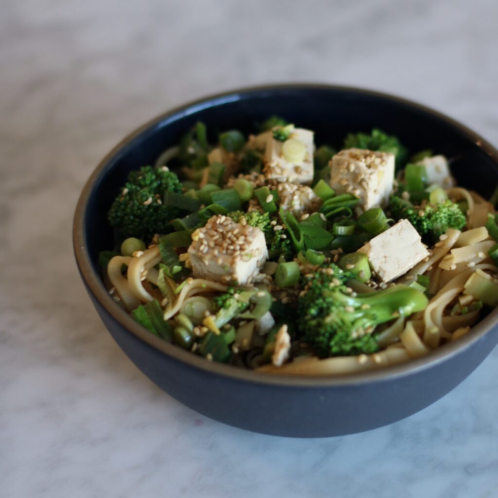 Steamed Broccoli and Tofu with Ginger and Noodles